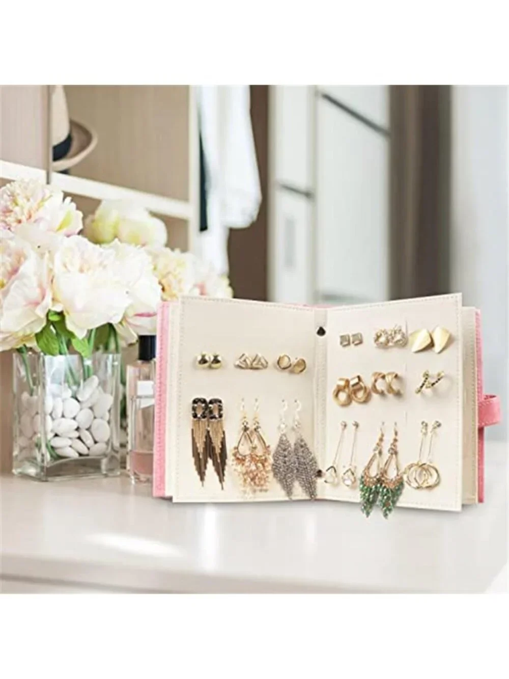 Pink Earring Organizer Book Holder Travel Case Faux Leather Holds 42 Pairs